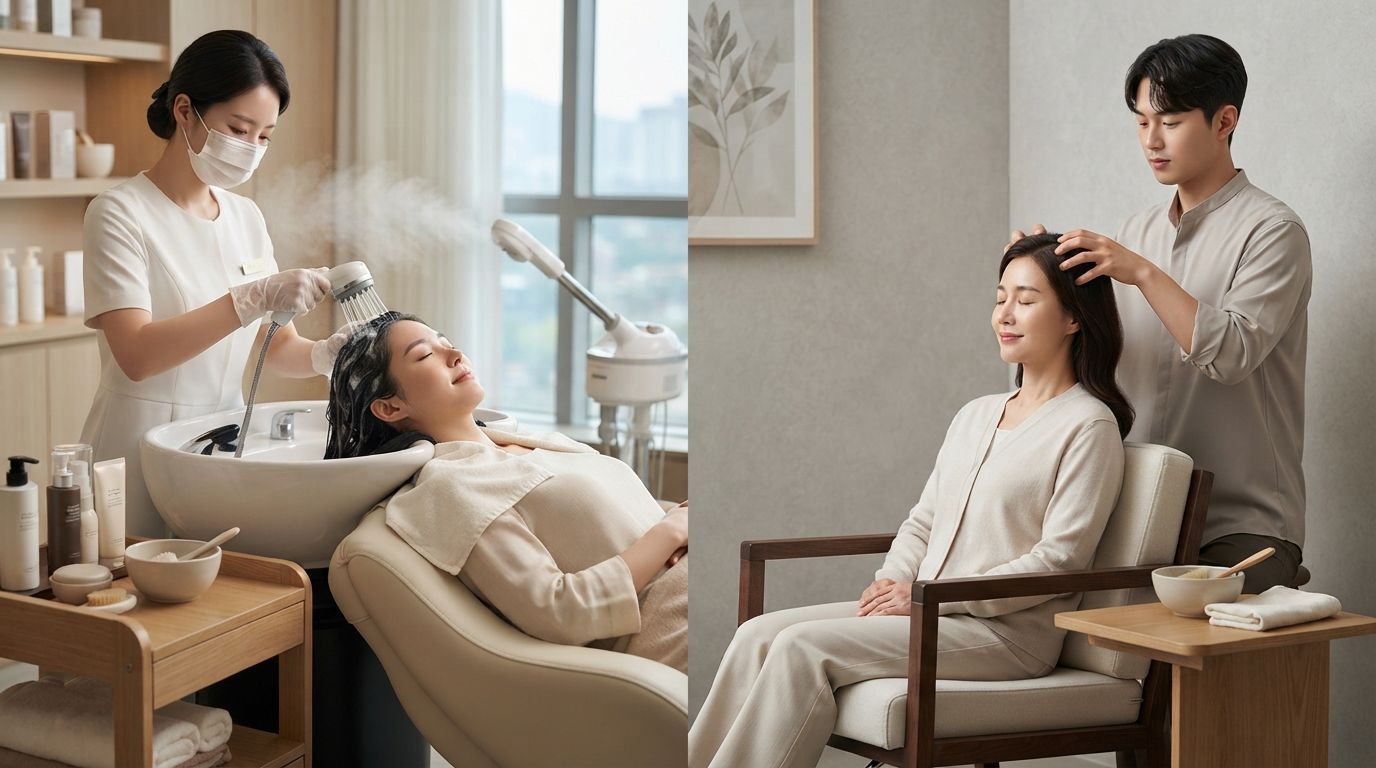 Head spa and scalp massage shown in two relaxing treatment settings