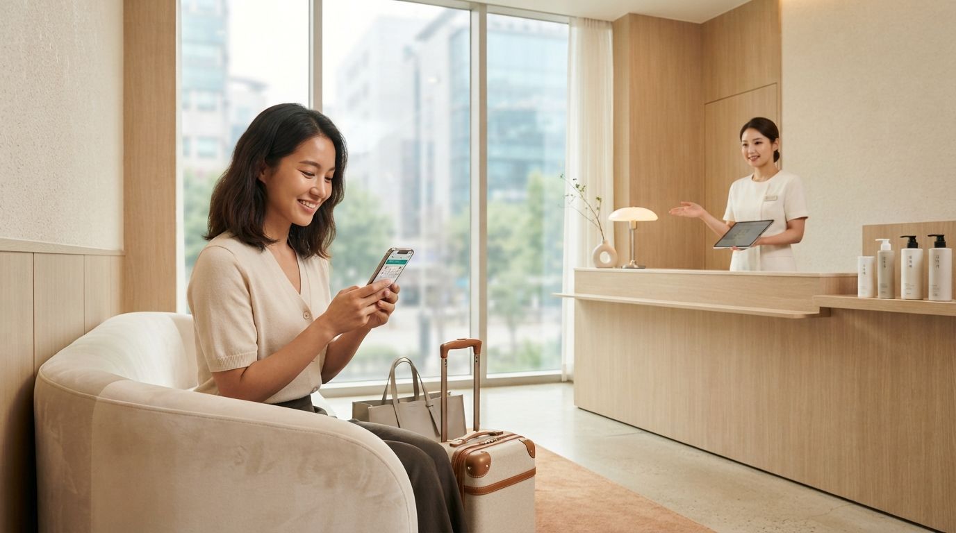 Foreign tourist booking a Korean head spa at a Seoul wellness studio