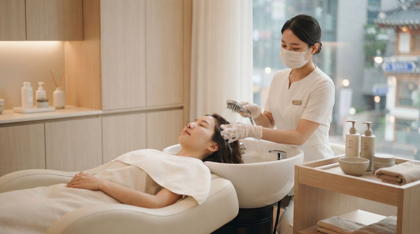 Traveler receiving a Korean head spa treatment near Myeongdong, Seoul