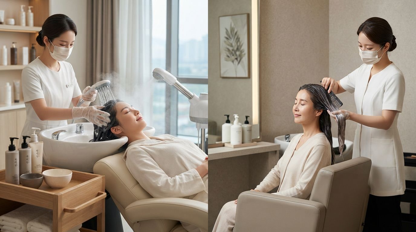 Korean head spa and targeted hair treatment shown side by side