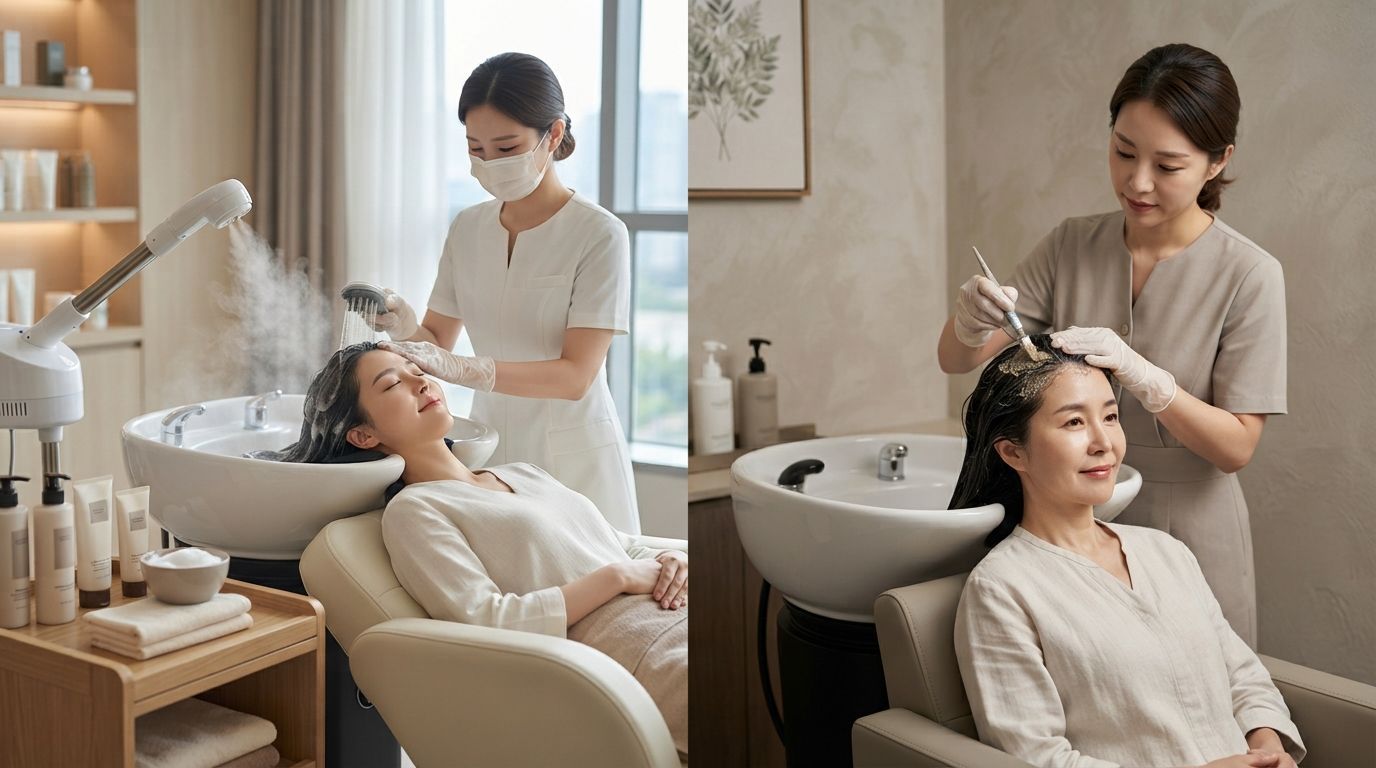 Korean head spa and scalp detox shown in two treatment settings