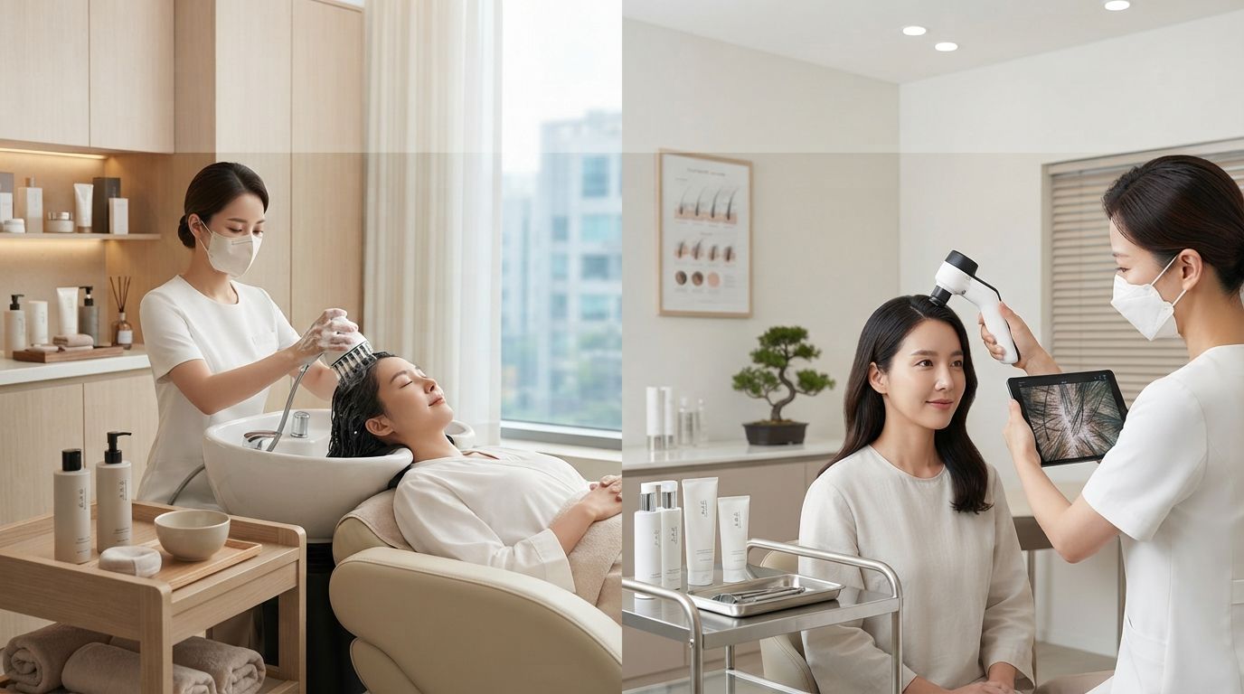 Korean head spa and focused scalp treatment shown side by side