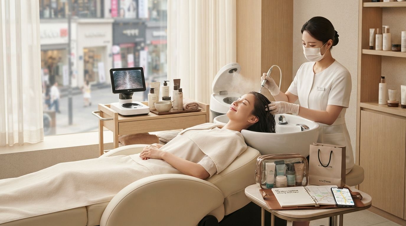 Traveler receiving a Korean head spa during a Myeongdong beauty itinerary