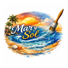 Colorful beach logo reading “Mary Sol” with ocean waves, palm trees, sunset, and a paintbrush