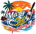 Colorful beach logo reading “Mary Sol” with ocean waves, palm trees, sunset, and a paintbrush