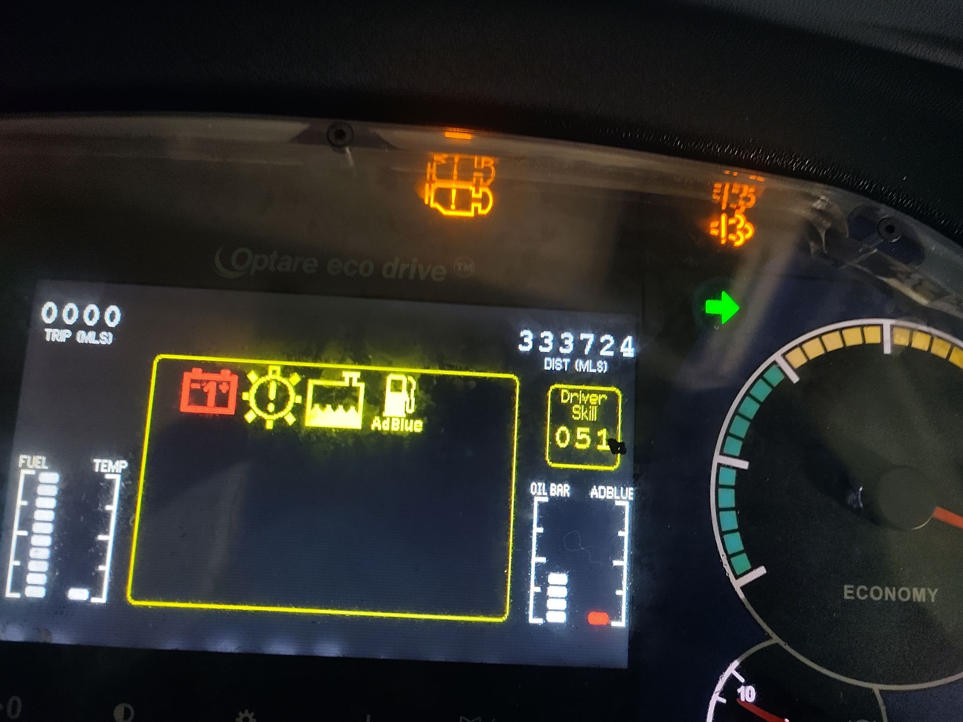 Dash displaying fault telltales