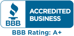 BBB Accredited Business badge, blue and white, with BBB Rating: A+ text
