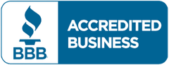BBB Accredited Business logo in blue and white with torch icon and text