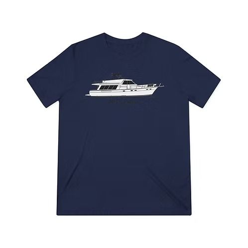 Navy blue T-shirt with a white yacht graphic centered on the chest