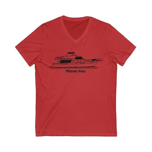 Red V-neck T-shirt with a black ship graphic and small text on the chest.