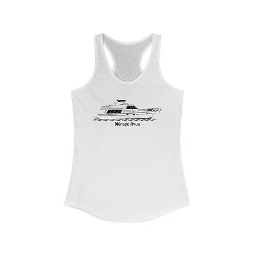 White racerback tank top with a black graphic of a cruise ship and “Mardi Gras” text