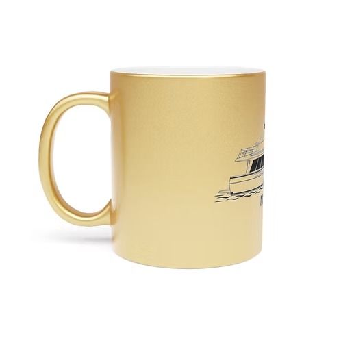 Beige ceramic mug with a black line drawing of a boat and the text “Ménage Auda”