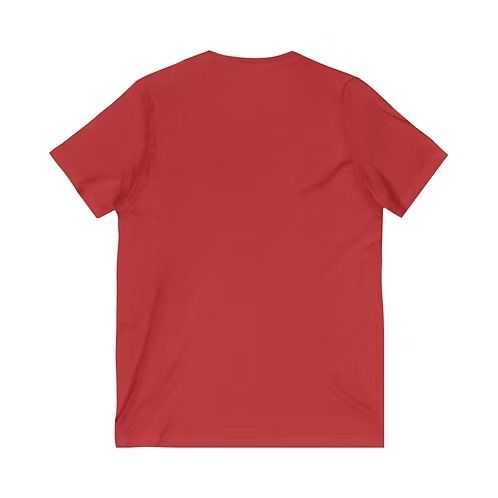 Red V-neck T-shirt with a black ship graphic and small text on the chest.
