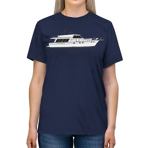 Navy T-shirt with a white yacht graphic across the chest.