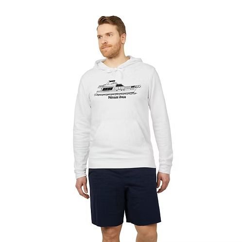 Man wearing a white hoodie and navy shorts standing against a white background