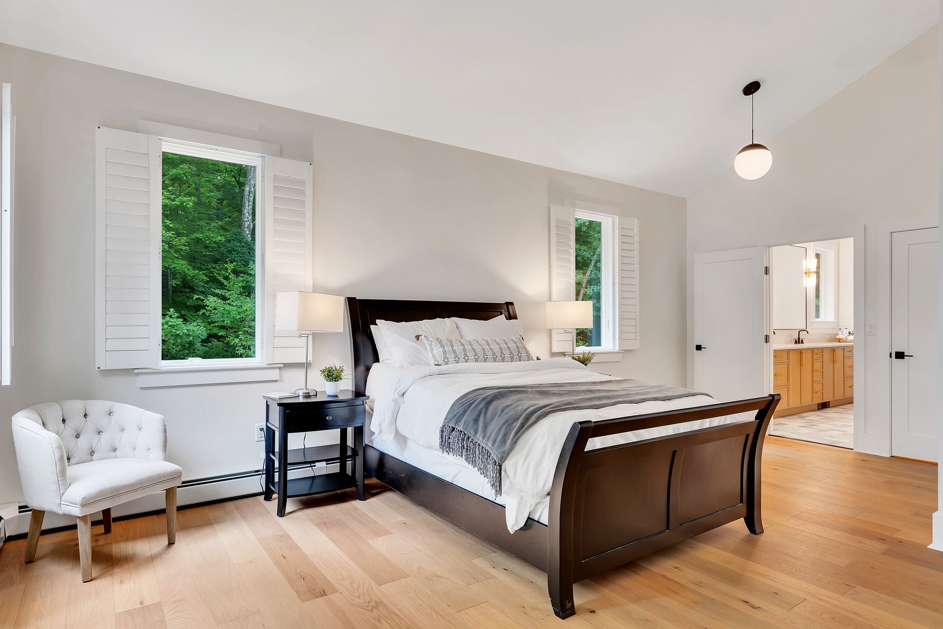 There is a large bed in the middle of the room.