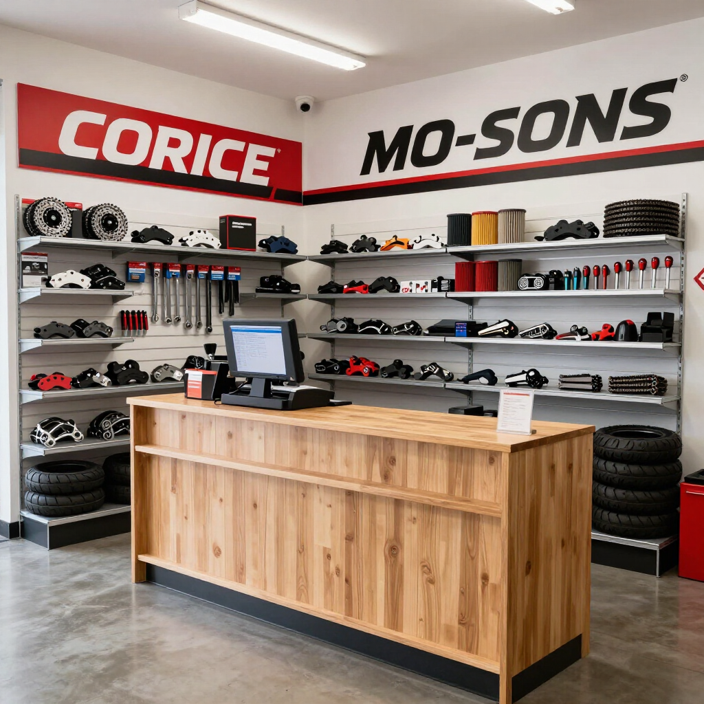 Interior de una tienda de repuestos de automóviles con mostrador de madera, exhibidores de neumáticos