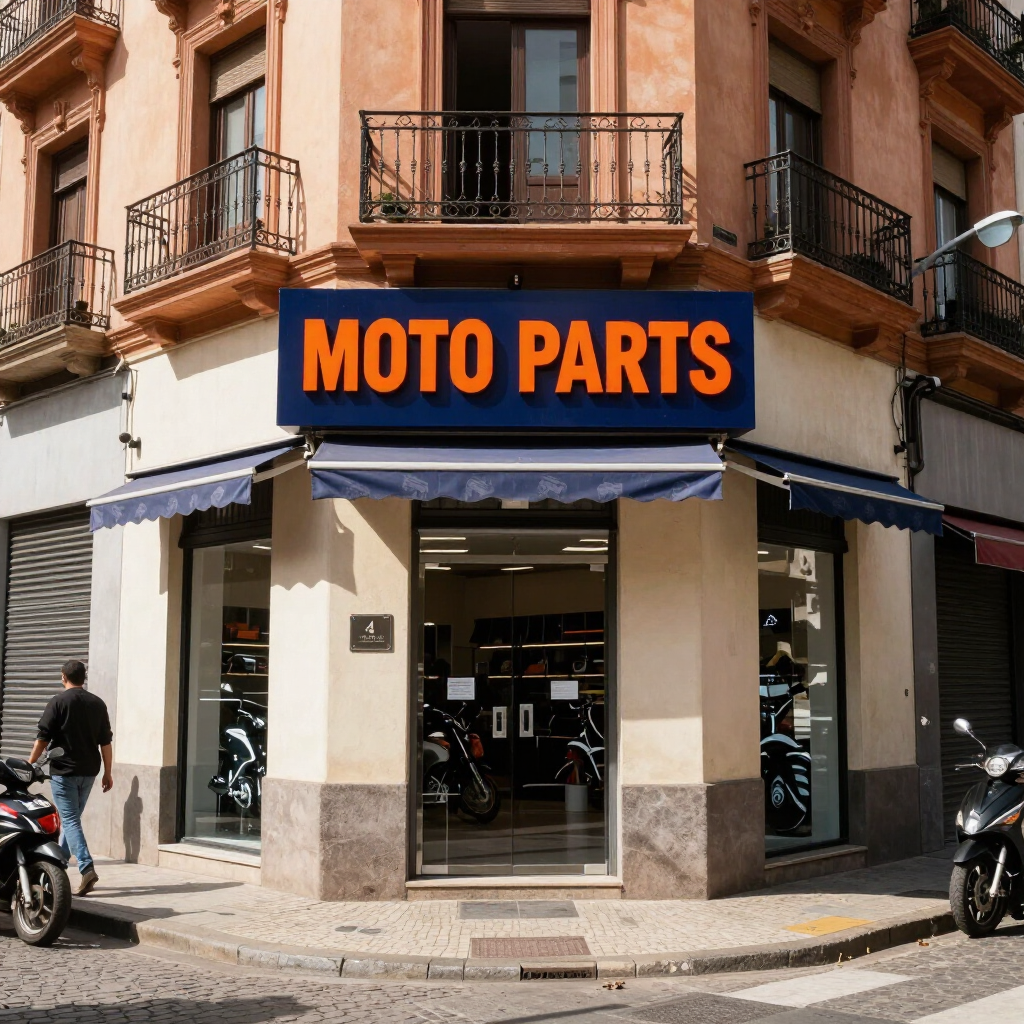 Tienda de repuestos para motocicletas en una esquina, con toldos azules y un letrero naranja que dice