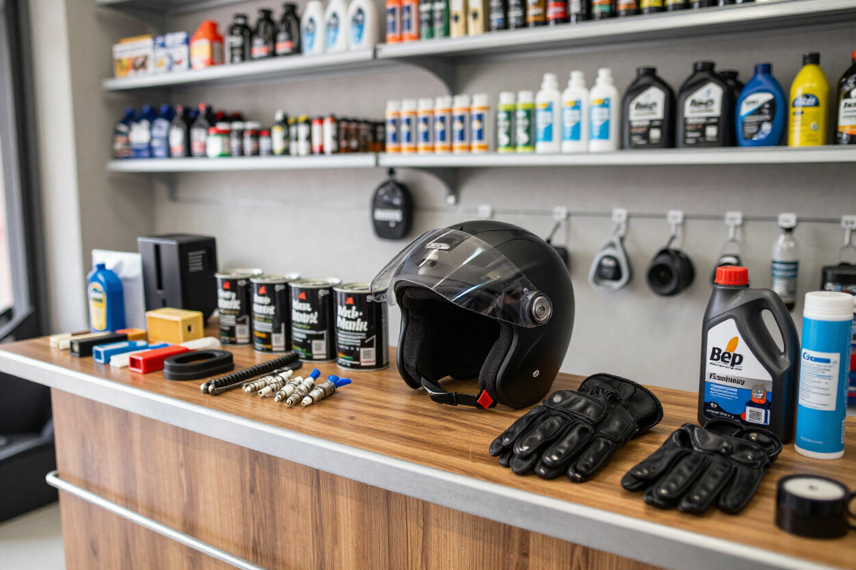 Exhibición de equipamiento para motociclistas con cascos, guantes y aceites sobre un mostrador de madera en una tienda.
