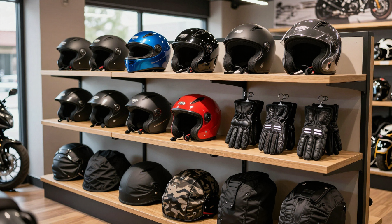 Exhibición en un estante de cascos y guantes de motocicleta en una tienda, con equipamiento en color negro, azul y rojo.