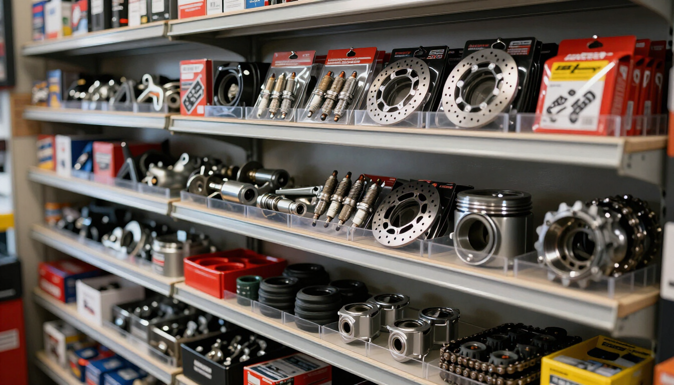 Estanterías repletas de piezas y engranajes metálicos variados para automóviles en un taller o tienda.