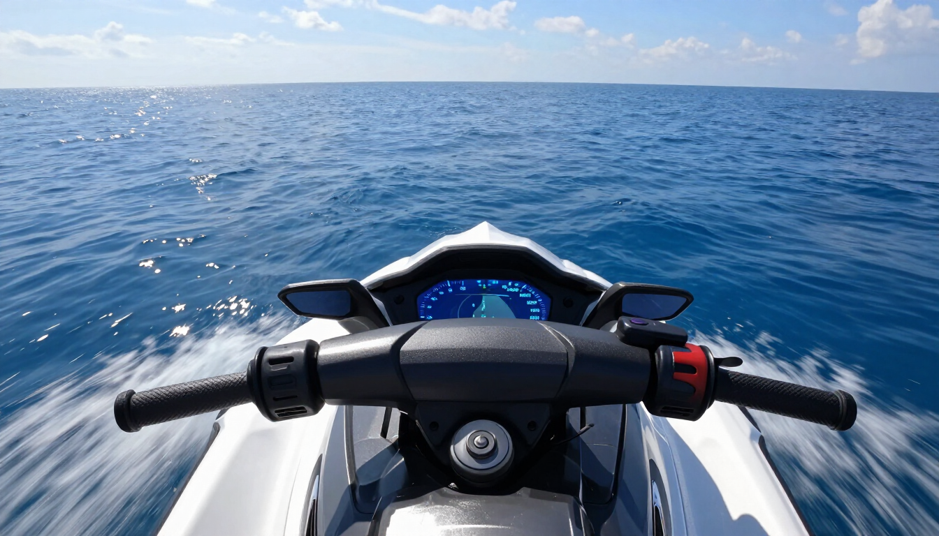 Close up of jet ski dashboard and ocean