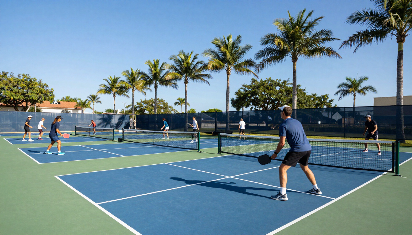 Sunny outdoor pickleball court with palm trees