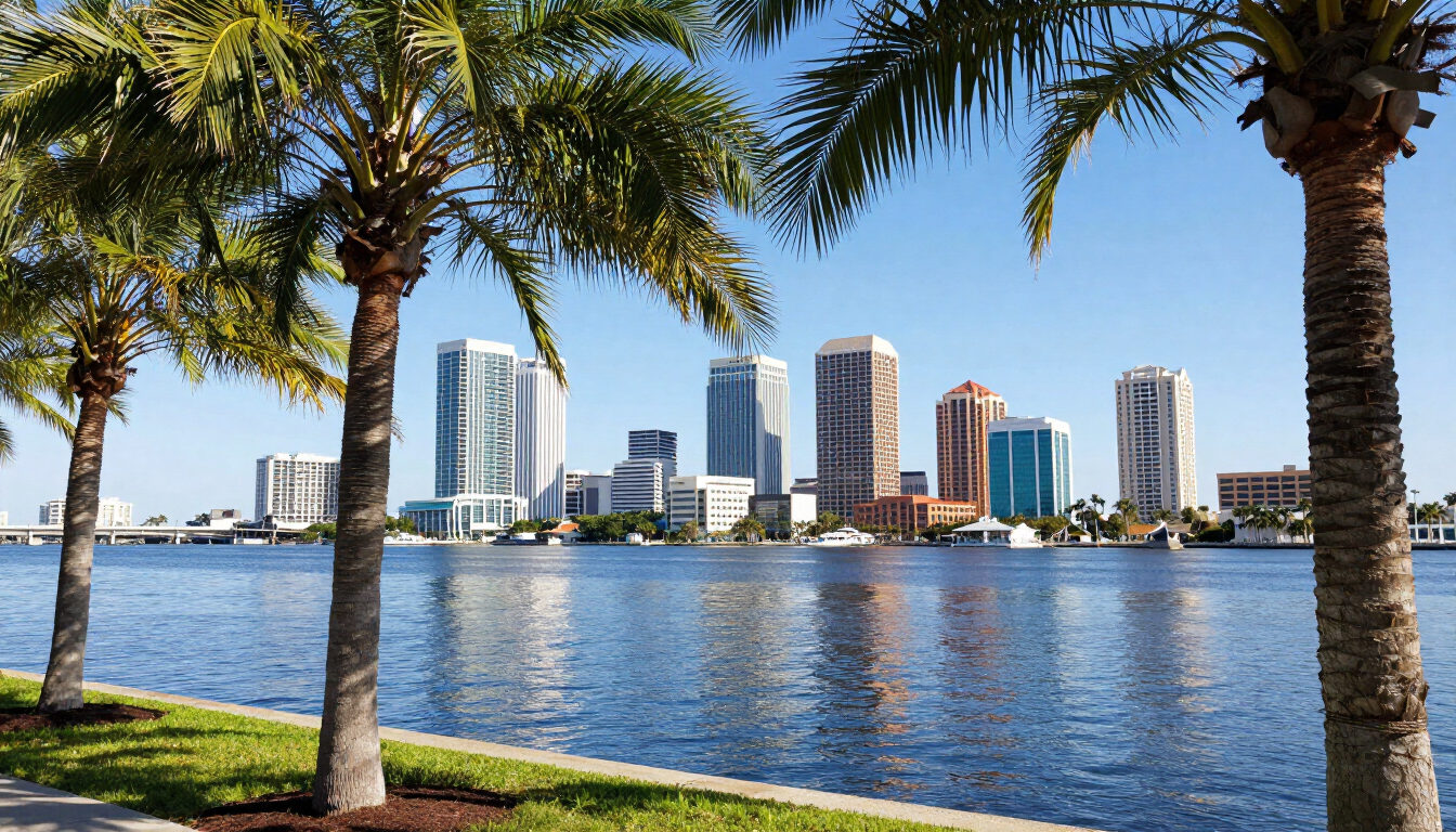 Sunny Tampa Bay beach sunset with palm trees