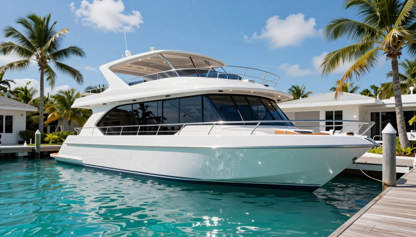A stunning houseboat rental in Clearwater Beach Florida under a clear blue sky.