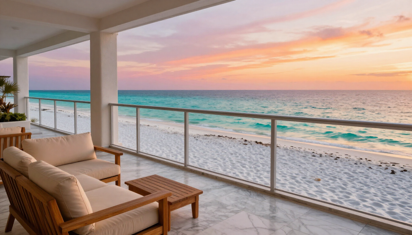 Sunset view from a luxury Gulf Coast vacation rental balcony overlooking white sand and turquoise water.
