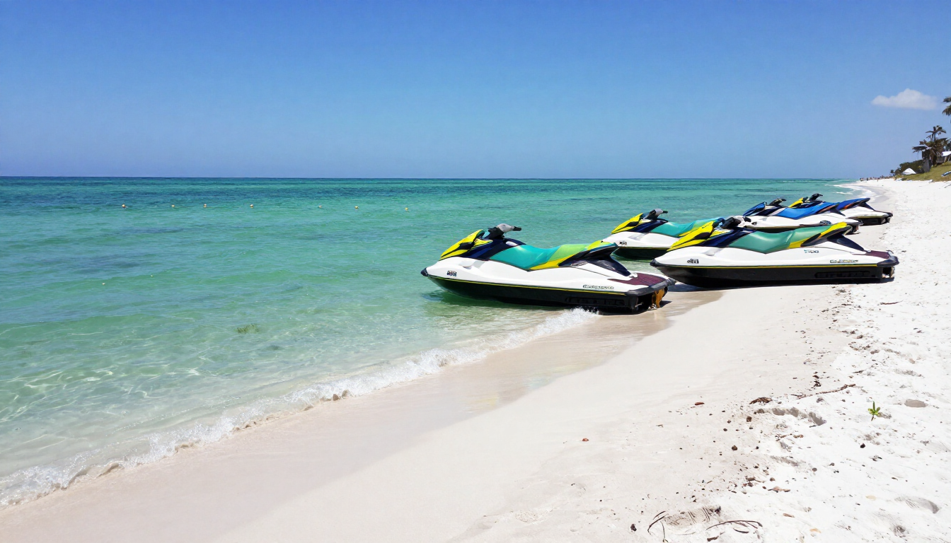Jet skis lined up on the white sands of Clearwater Beach, Florida.