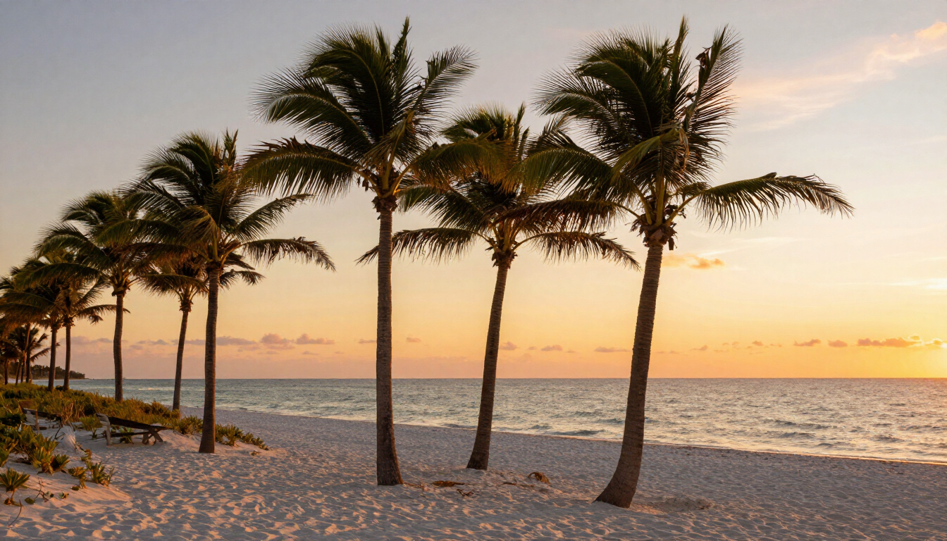 Beautiful palm trees lining a Clearwater Florida beach during sunset.