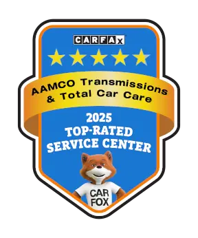 CARFAX badge for AAMCO Transmissions & Total Car Care, 2025 top-rated service center with Car Fox mascot