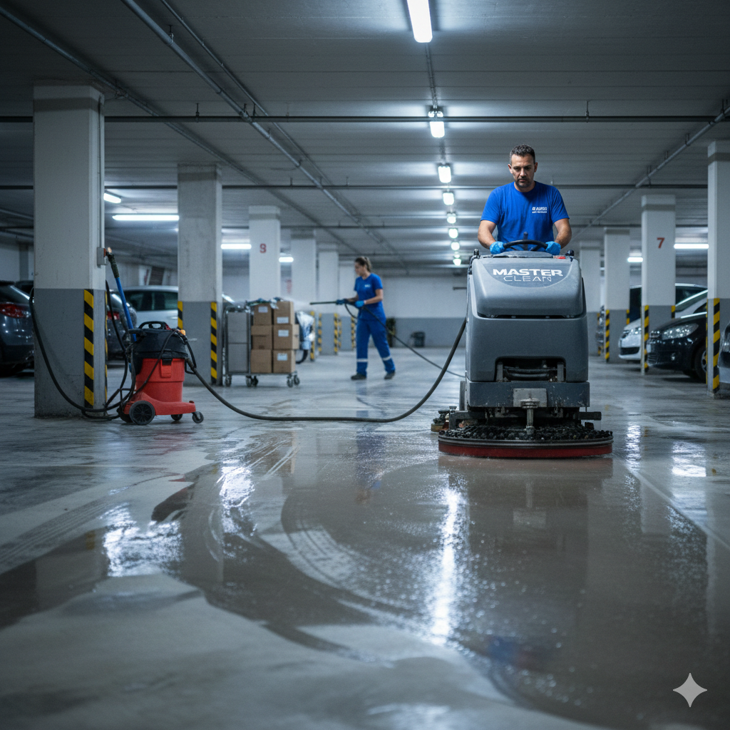 Due persone puliscono un parcheggio con una lavasciuga pavimenti e un'idropulitrice.