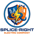 Logo for Splice-Right Electric Company featuring a blue and orange shield, a lightning bolt, tools, and a house icon.