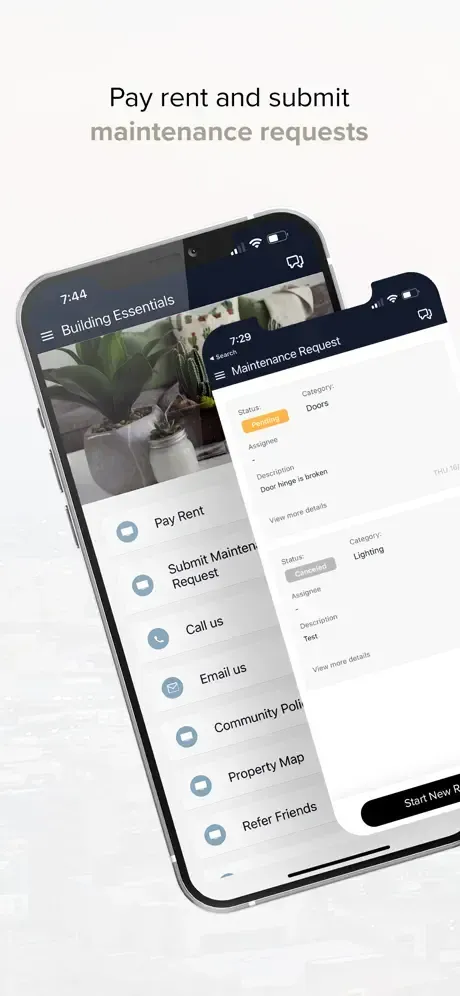 A mobile phone displays an app for paying rent and submitting maintenance requests.