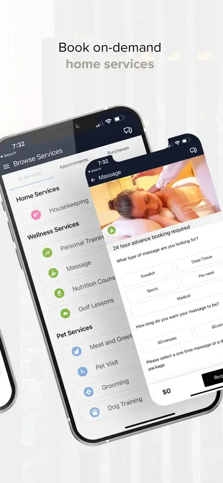 Two phones displaying an app offering on-demand home services. One shows a list, the other a massage booking.