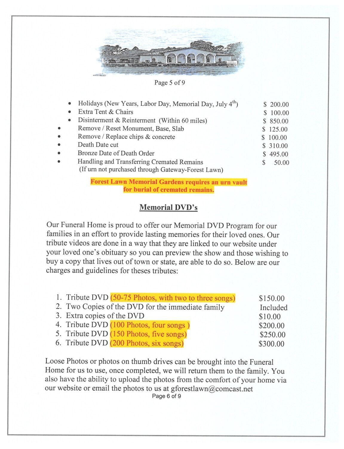 Flyer listing event prices and DVD options for a memorial, featuring a building illustration at the top.