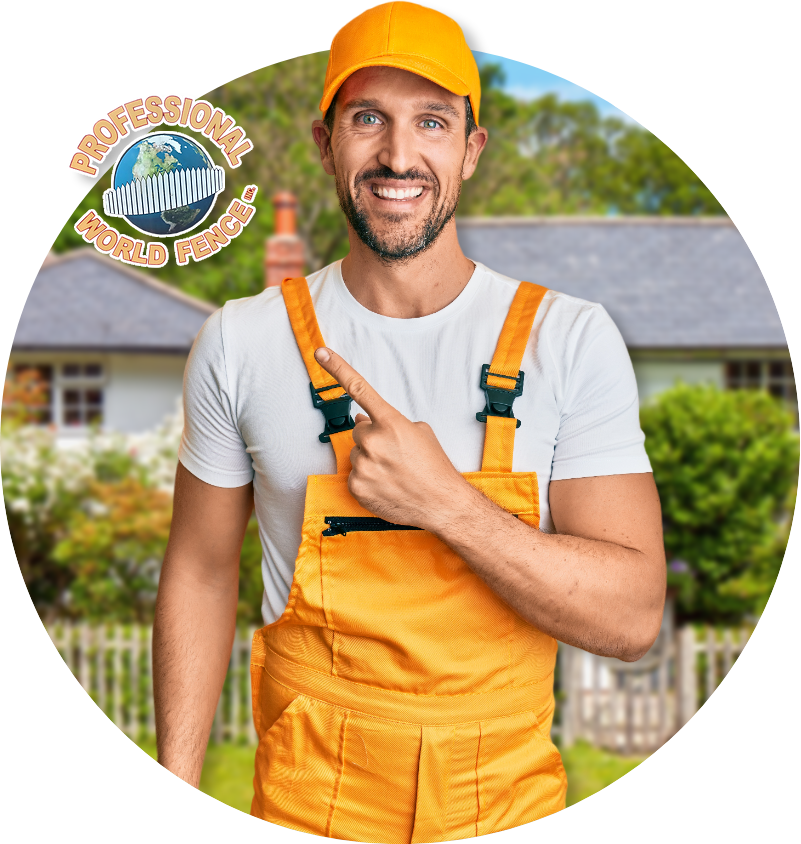 a man wearing yellow overalls and a yellow hat is pointing to the Professional World Fence logo