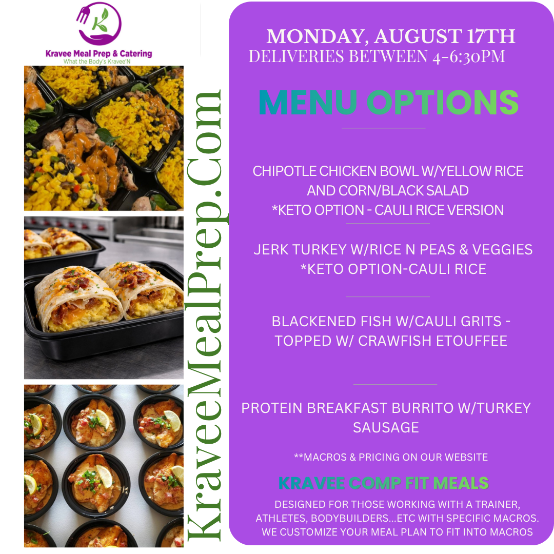 Promotional poster for Kravee Meal Prep: New menu launch on March 2nd. Features prepared meals, logo, and website address.
