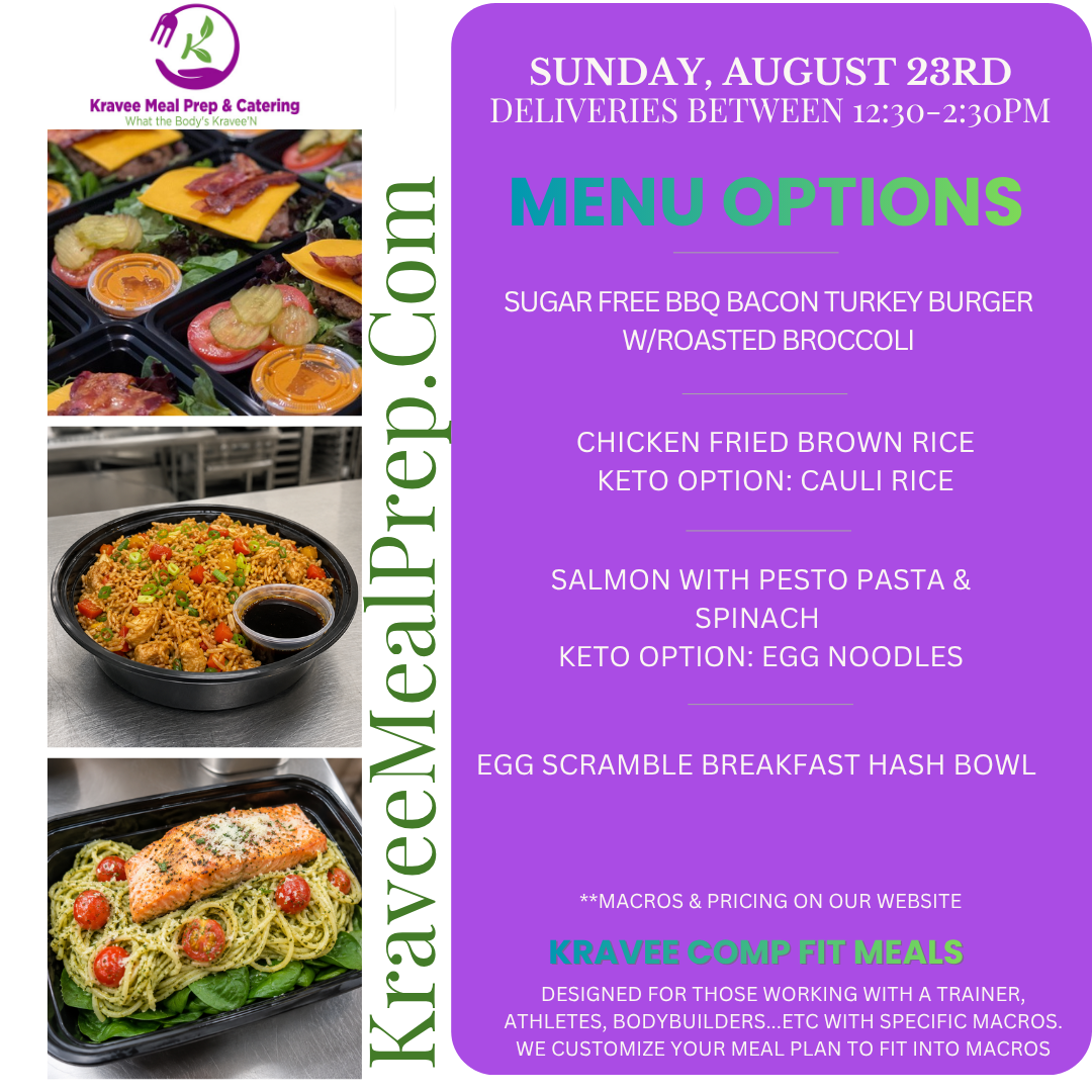Promotional poster for Kravee Meal Prep: New menu launch on March 2nd. Features prepared meals, logo, and website address.