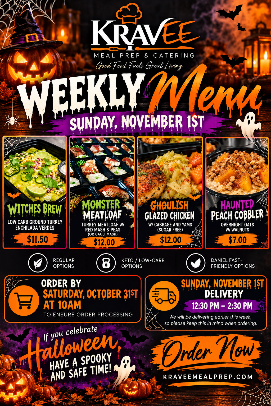 Promotional poster for Kravee Meal Prep: New menu launch on March 2nd. Features prepared meals, logo, and website address.