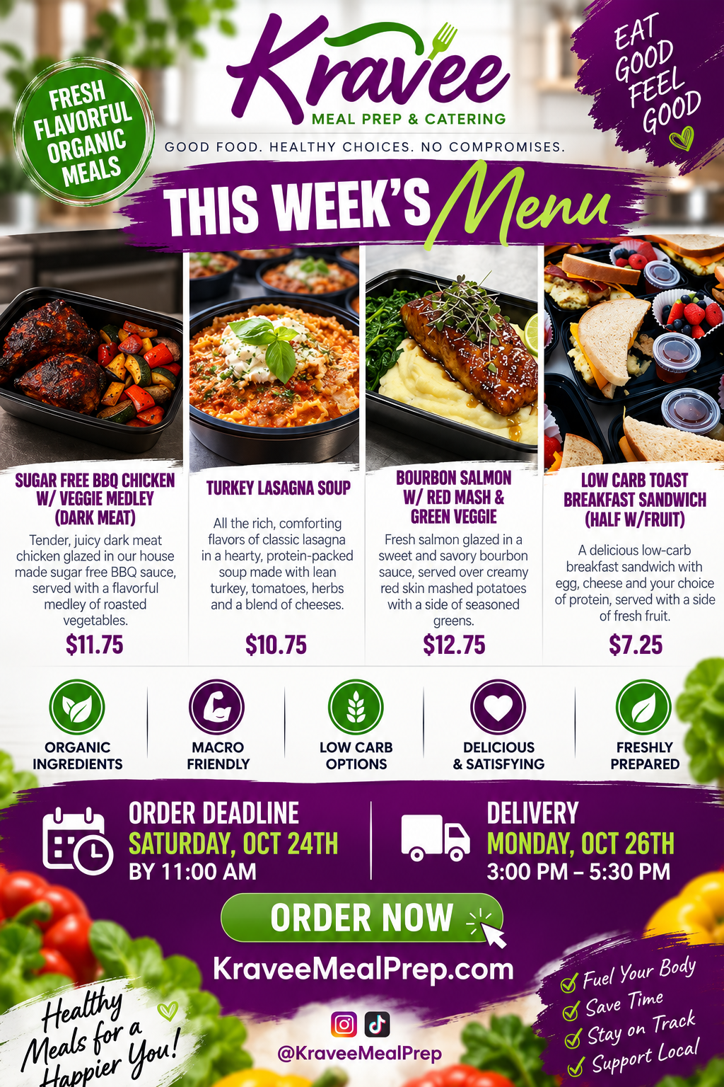 Promotional poster for Kravee Meal Prep: New menu launch on March 2nd. Features prepared meals, logo, and website address.