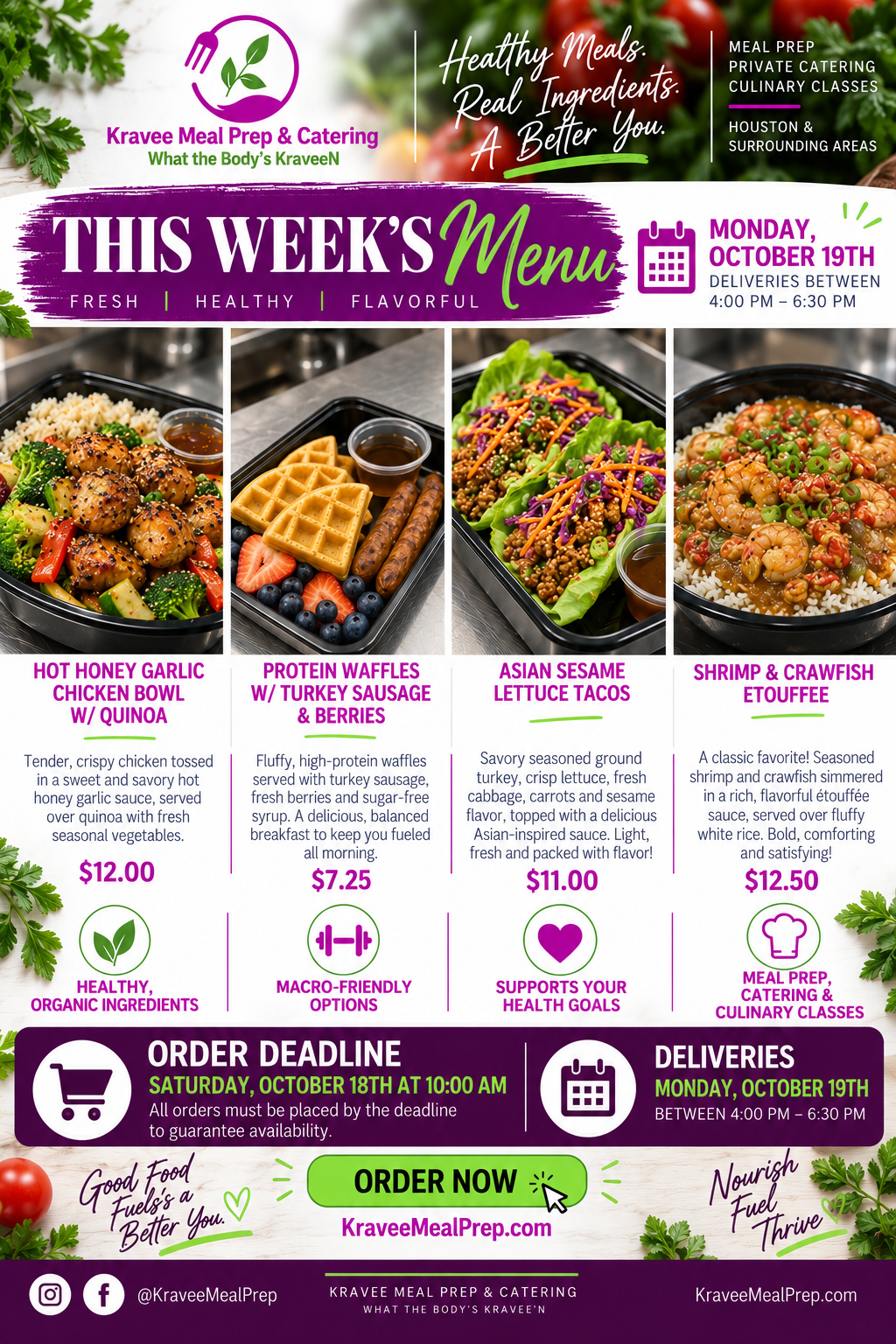 Promotional poster for Kravee Meal Prep: New menu launch on March 2nd. Features prepared meals, logo, and website address.