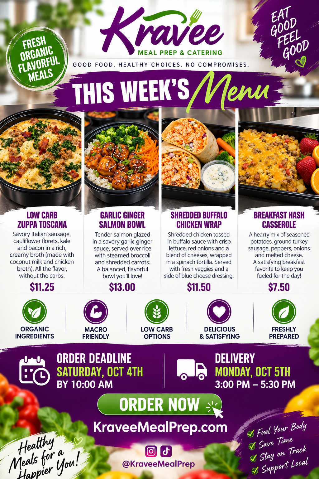 Promotional poster for Kravee Meal Prep: New menu launch on March 2nd. Features prepared meals, logo, and website address.