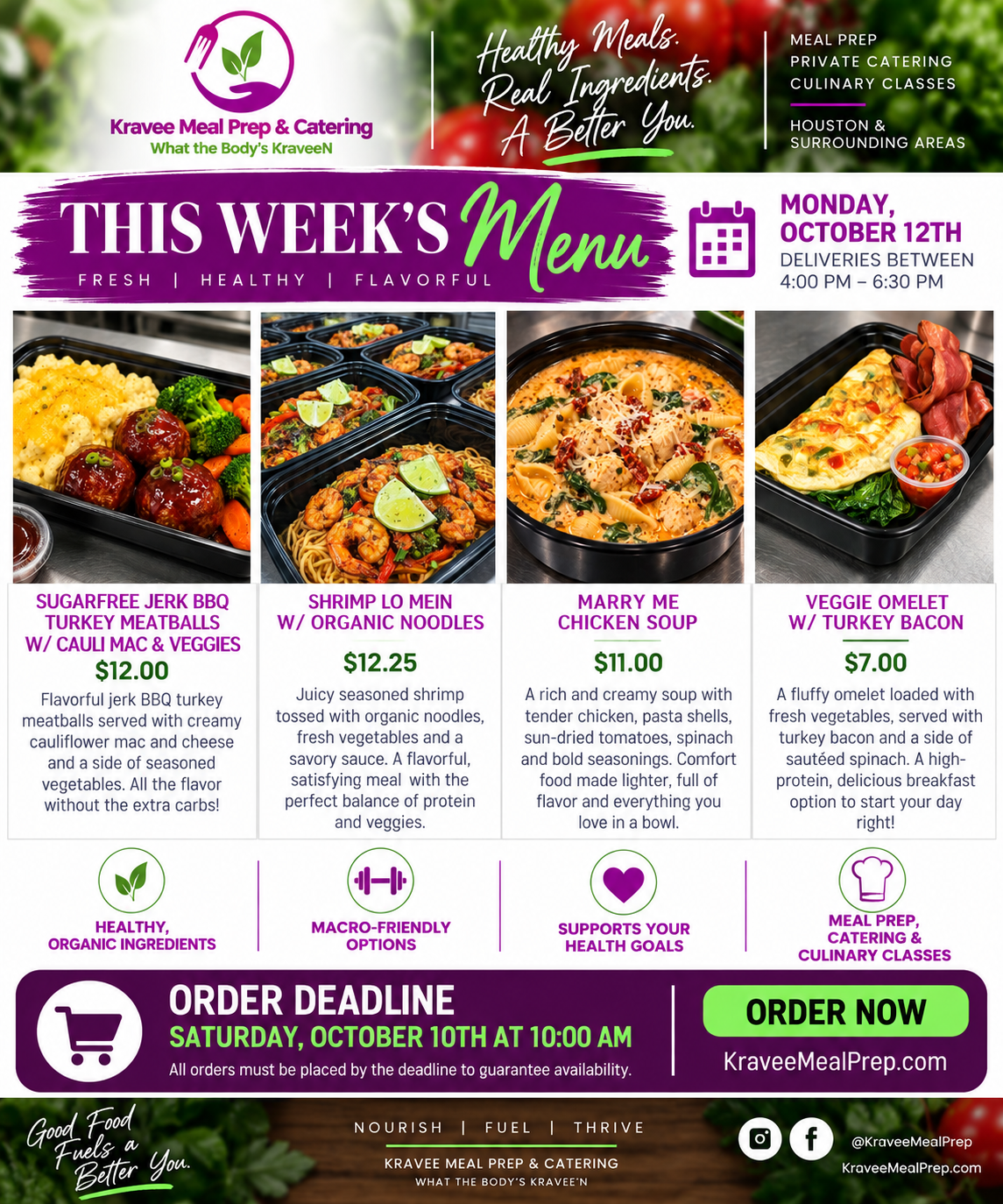Promotional poster for Kravee Meal Prep: New menu launch on March 2nd. Features prepared meals, logo, and website address.
