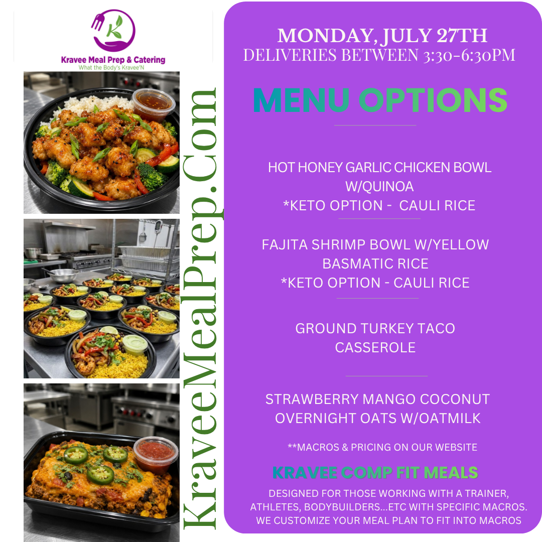 Promotional poster for Kravee Meal Prep: New menu launch on March 2nd. Features prepared meals, logo, and website address.