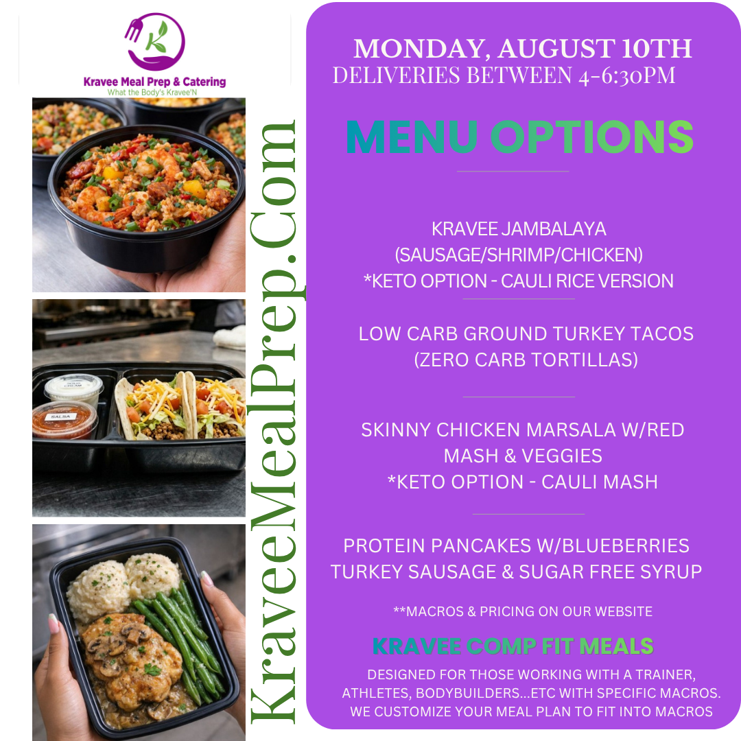 Promotional poster for Kravee Meal Prep: New menu launch on March 2nd. Features prepared meals, logo, and website address.