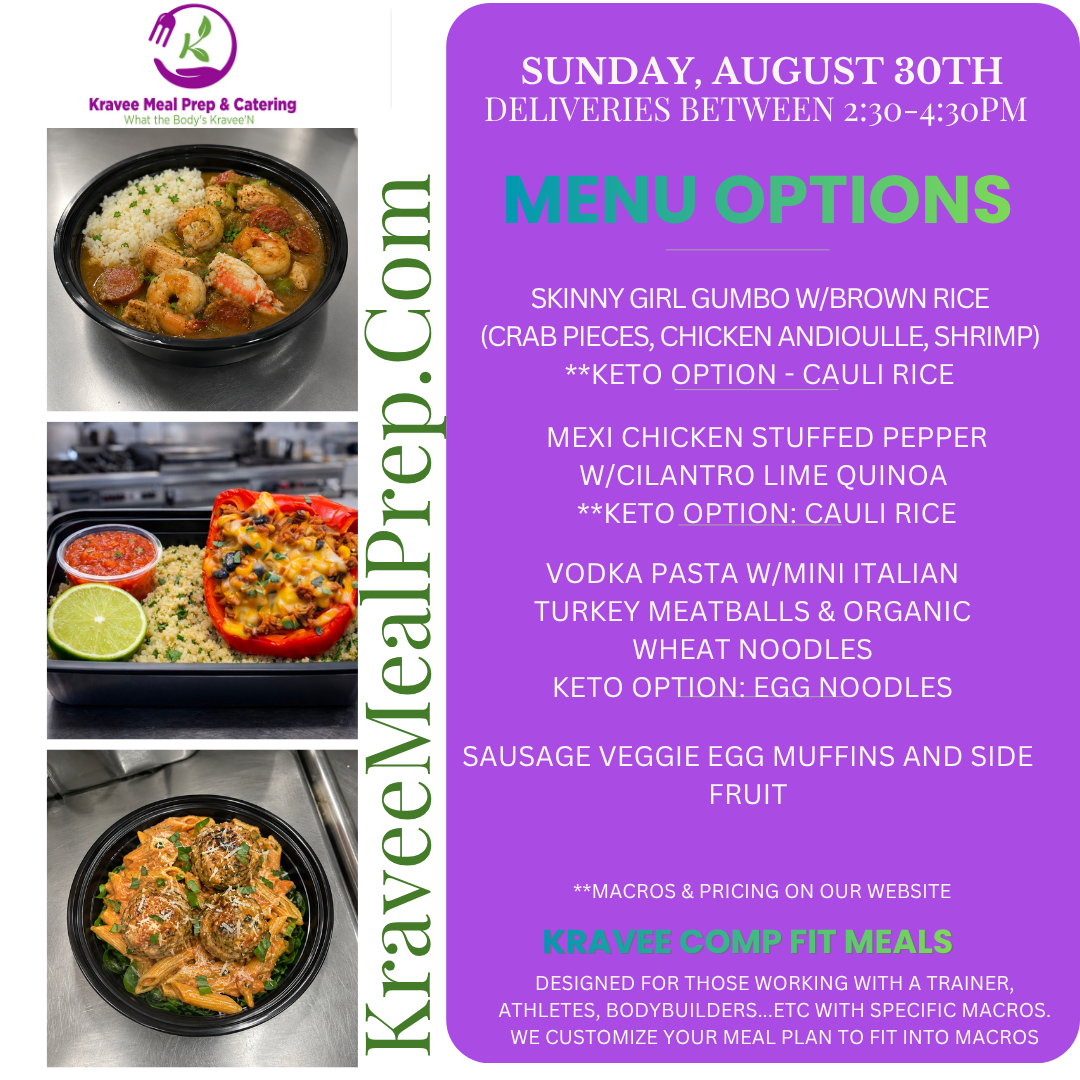 Promotional poster for Kravee Meal Prep: New menu launch on March 2nd. Features prepared meals, logo, and website address.