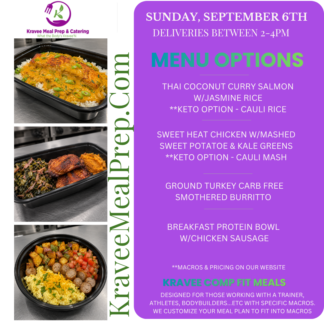 Promotional poster for Kravee Meal Prep: New menu launch on March 2nd. Features prepared meals, logo, and website address.